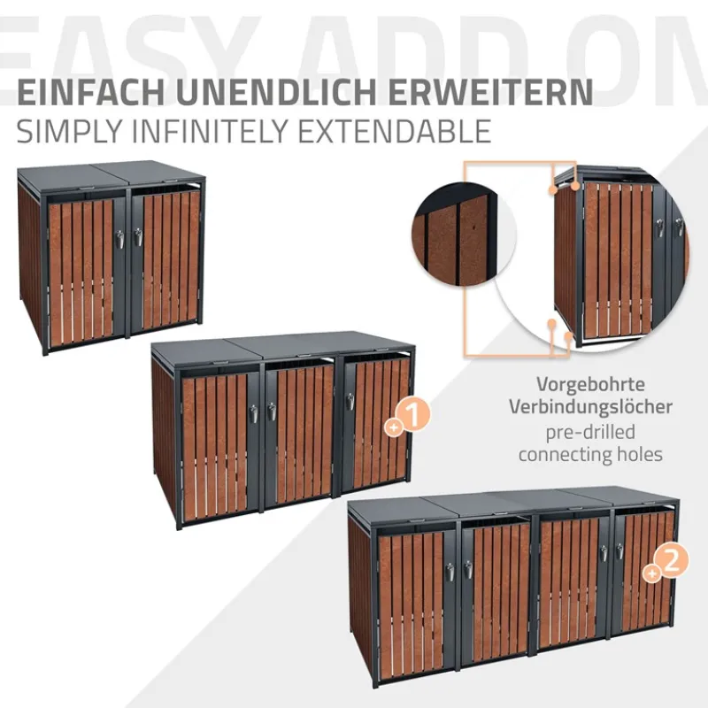 Mülltonnenbox 4er bis 240L 264x80x116,3 cm aus Stahl in Rostoptik ML-Design-ECD Germany
