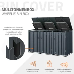 Mülltonnenbox 3er bis 240L 200x80x116,3 cm aus Stahl in Anthrazit ML-Design-ECD Germany New