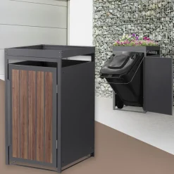 Mülltonnenbox mit Pflanzdach 1er bis 240 Liter 68x80x124 cm aus Stahl in Anthrazit-Eiche dunkel ML-Design-ECD Germany Outlet