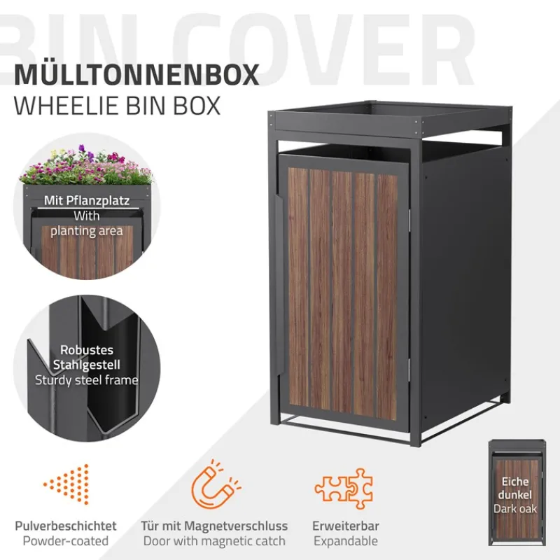 Mülltonnenbox mit Pflanzdach 1er bis 240 Liter 68x80x124 cm aus Stahl in Anthrazit-Eiche dunkel ML-Design-ECD Germany Outlet