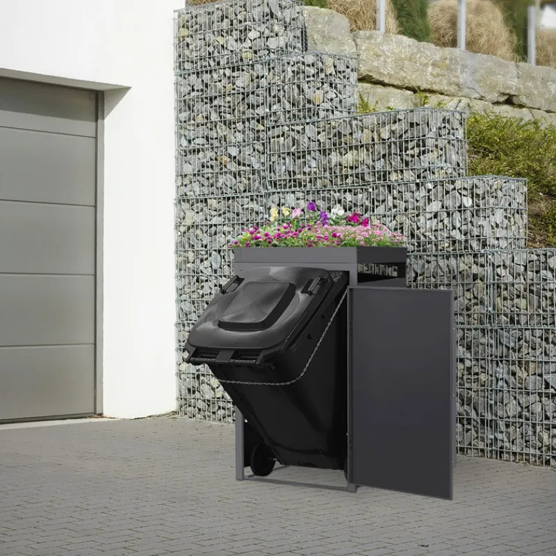 Mülltonnenbox mit Pflanzdach 1er bis 240 Liter 68x80x124 cm aus Stahl in Anthrazit-Eiche dunkel ML-Design-ECD Germany Outlet