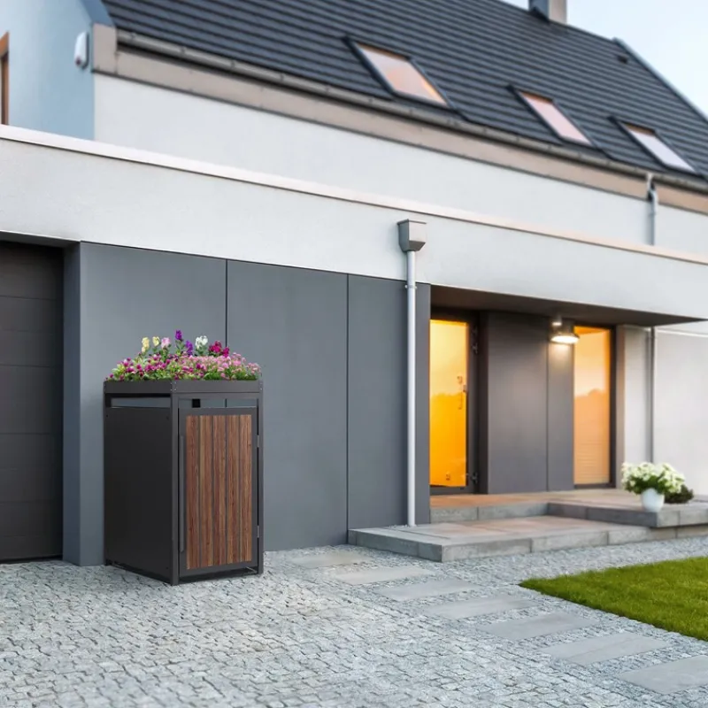 Mülltonnenbox mit Pflanzdach 1er bis 240 Liter 68x80x124 cm aus Stahl in Anthrazit-Eiche dunkel ML-Design-ECD Germany Outlet