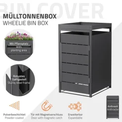 Mülltonnenbox mit Pflanzdach 1er bis 240 Liter 68x80x124 cm aus Stahl in Anthrazit ML-Design-ECD Germany Best