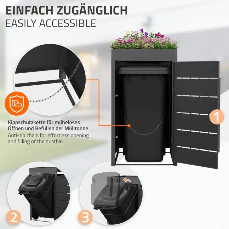 Mülltonnenbox mit Pflanzdach 1er bis 240 Liter 68x80x124 cm aus Stahl in Anthrazit ML-Design-ECD Germany Best