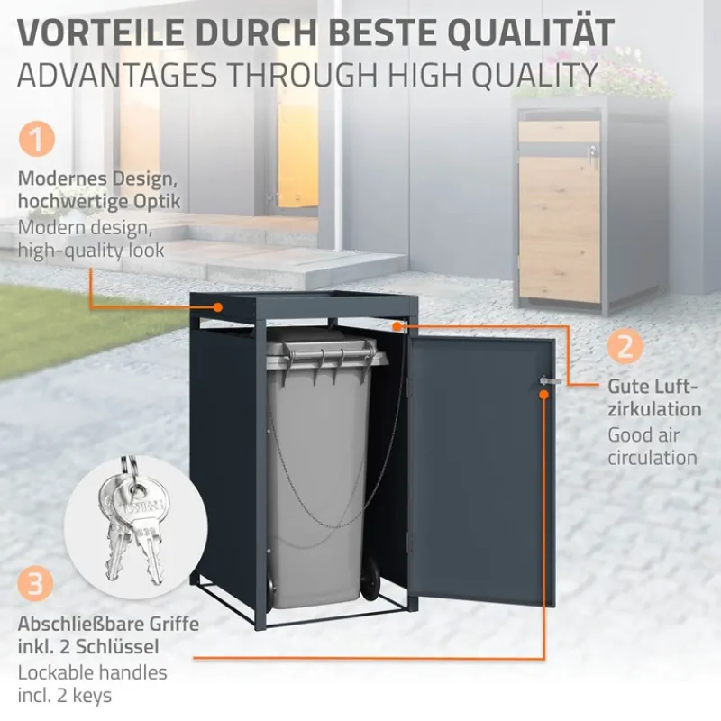 Mülltonnenbox mit Pflanzdach 1er bis 240L 68x80x124 cm aus Stahl in Eichenoptik ML-Design-ECD Germany Sale