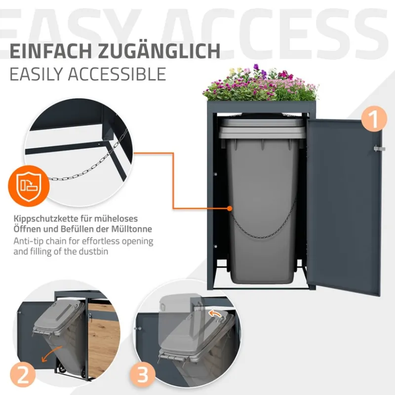 Mülltonnenbox mit Pflanzdach 1er bis 240L 68x80x124 cm aus Stahl in Eichenoptik ML-Design-ECD Germany Sale