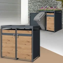 Mülltonnenbox mit Pflanzdach 2er bis 240L 132x80x124 cm aus Stahl in Eichenoptik ML-Design-ECD Germany Best