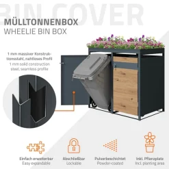 Mülltonnenbox mit Pflanzdach 2er bis 240L 132x80x124 cm aus Stahl in Eichenoptik ML-Design-ECD Germany Best