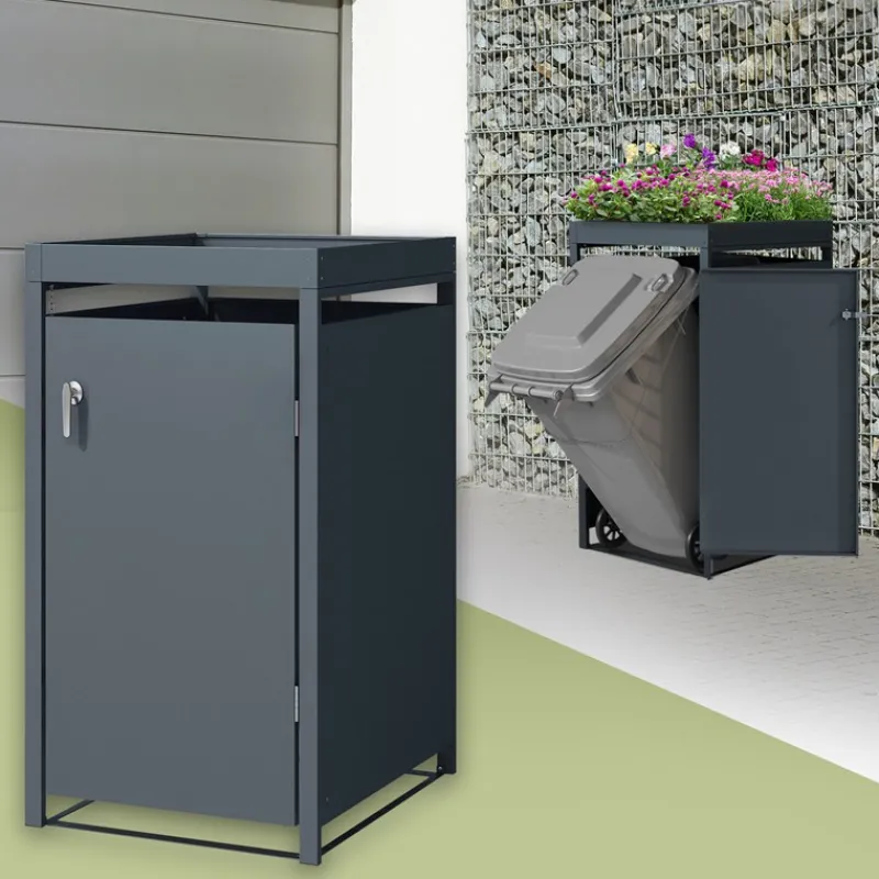 Mülltonnenbox mit Pflanzdach 1er bis 240L 68x80x124 cm aus Stahl in Anthrazit ML-Design-ECD Germany Clearance