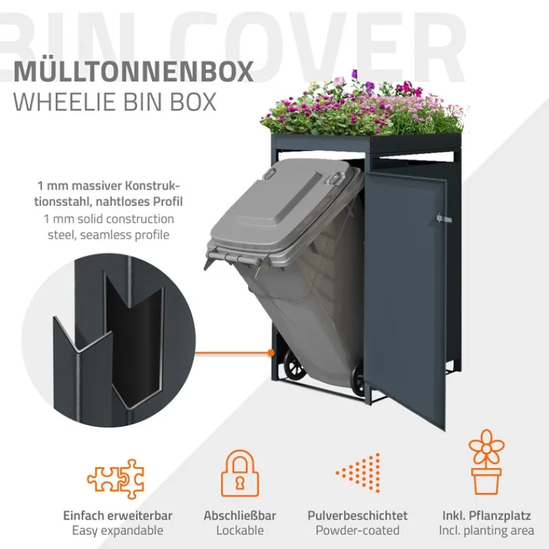 Mülltonnenbox mit Pflanzdach 1er bis 240L 68x80x124 cm aus Stahl in Anthrazit ML-Design-ECD Germany Clearance