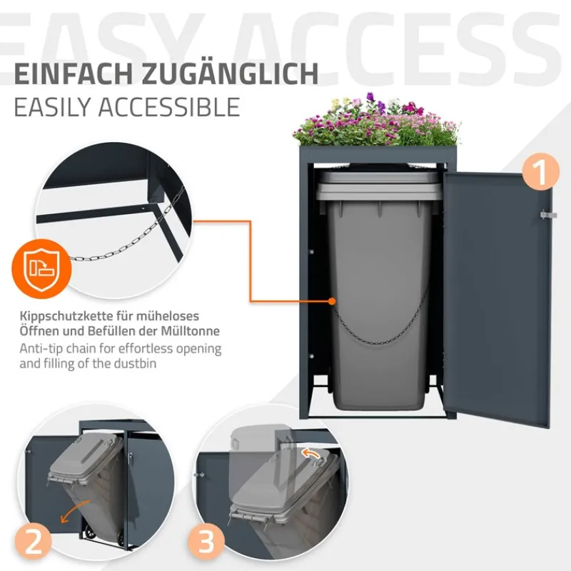 Mülltonnenbox mit Pflanzdach 1er bis 240L 68x80x124 cm aus Stahl in Anthrazit ML-Design-ECD Germany Clearance