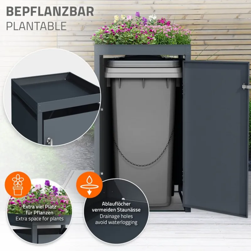 Mülltonnenbox mit Pflanzdach 1er bis 240L 68x80x124 cm aus Stahl in Anthrazit ML-Design-ECD Germany Clearance