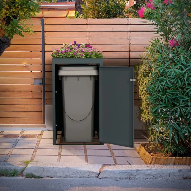 Mülltonnenbox mit Pflanzdach 1er bis 240L 68x80x124 cm aus Stahl in Anthrazit ML-Design-ECD Germany Clearance