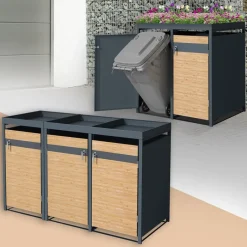 Mülltonnenbox mit Pflanzdach 3er bis 240L 200x80x124 cm aus Stahl in Lärchenoptik ML-Design-ECD Germany Best