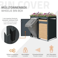 Mülltonnenbox mit Pflanzdach 4er bis 240L 264x80x124 cm aus Stahl in Lärchenoptik ML-Design-ECD Germany New