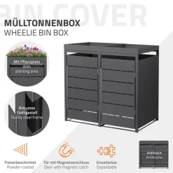 Mülltonnenbox mit Pflanzdach 2er bis 240 Liter 132x80x124 cm aus Stahl in Anthrazit ML-Design-ECD Germany Best