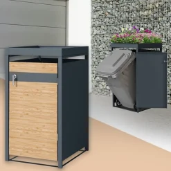 Mülltonnenbox mit Pflanzdach 1er bis 240L 68x80x124 cm aus Stahl in Lärchenoptik ML-Design-ECD Germany Discount