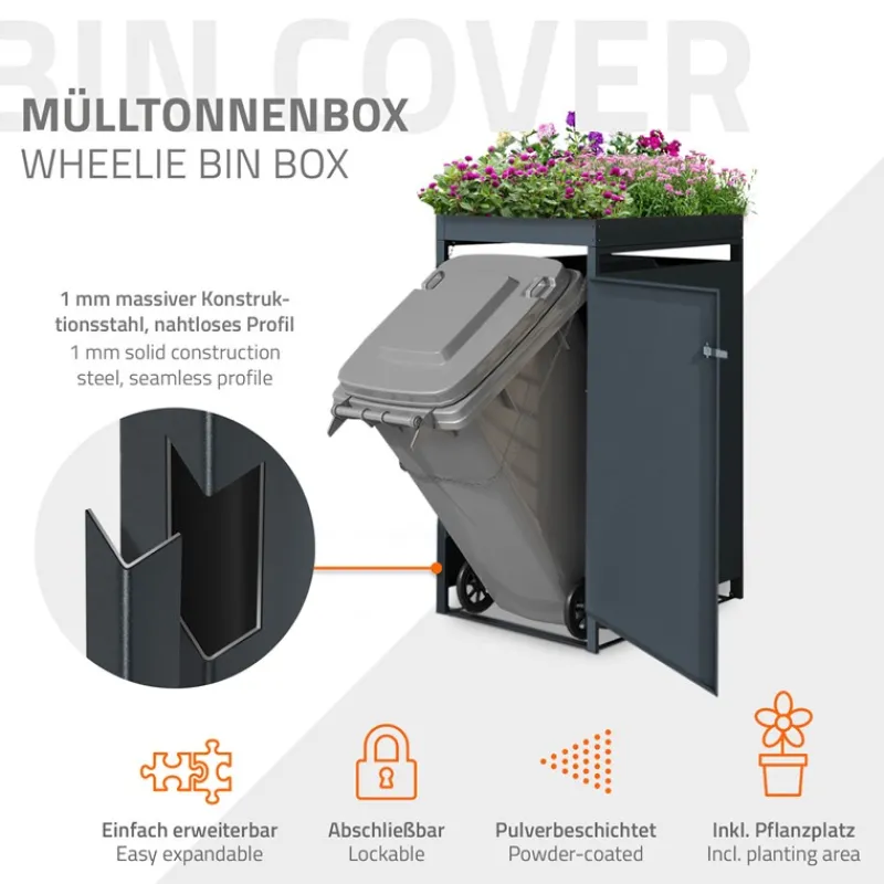Mülltonnenbox mit Pflanzdach 1er bis 240L 68x80x124 cm aus Stahl in Lärchenoptik ML-Design-ECD Germany Discount