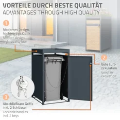 Mülltonnenbox mit Pflanzdach 1er bis 240L 68x80x124 cm aus Stahl in Lärchenoptik ML-Design-ECD Germany Discount
