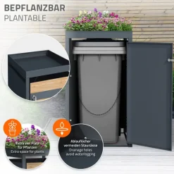 Mülltonnenbox mit Pflanzdach 1er bis 240L 68x80x124 cm aus Stahl in Lärchenoptik ML-Design-ECD Germany Discount