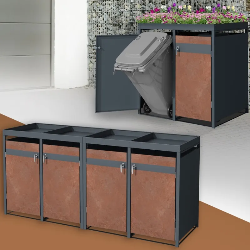 Mülltonnenbox mit Pflanzdach 4er bis 240L 264x80x124 cm aus Stahl in Rostoptik ML-Design-ECD Germany Best