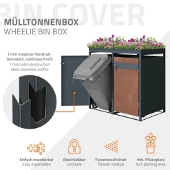 Mülltonnenbox mit Pflanzdach 4er bis 240L 264x80x124 cm aus Stahl in Rostoptik ML-Design-ECD Germany Best