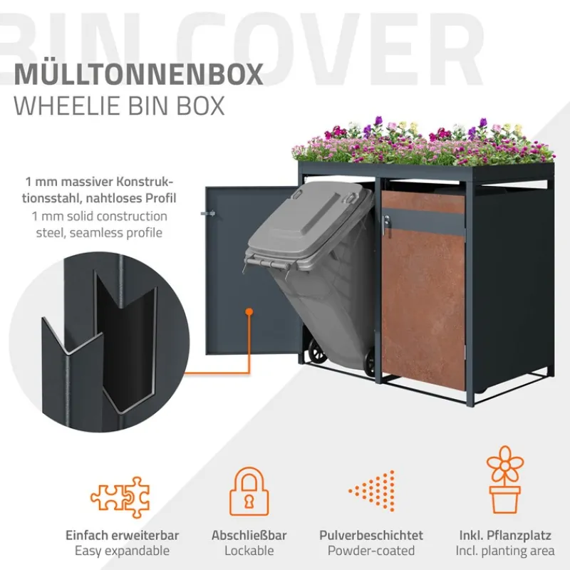 Mülltonnenbox mit Pflanzdach 4er bis 240L 264x80x124 cm aus Stahl in Rostoptik ML-Design-ECD Germany Best