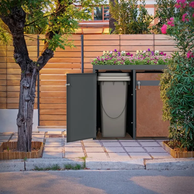Mülltonnenbox mit Pflanzdach 4er bis 240L 264x80x124 cm aus Stahl in Rostoptik ML-Design-ECD Germany Best