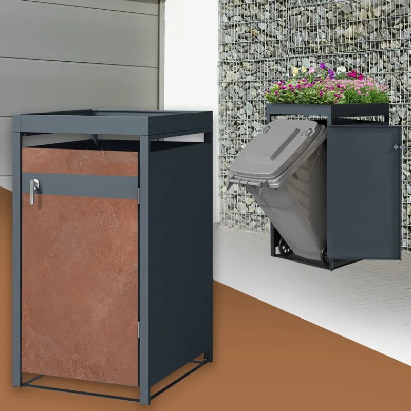 Mülltonnenbox mit Pflanzdach 1er bis 240L 68x80x124 cm aus Stahl in Rostoptik ML-Design-ECD Germany Clearance