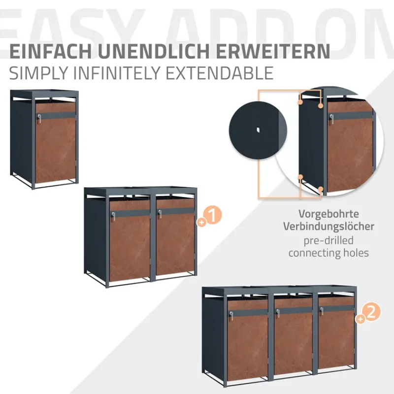 Mülltonnenbox mit Pflanzdach 1er bis 240L 68x80x124 cm aus Stahl in Rostoptik ML-Design-ECD Germany Clearance