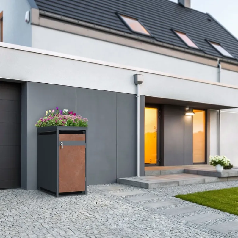 Mülltonnenbox mit Pflanzdach 1er bis 240L 68x80x124 cm aus Stahl in Rostoptik ML-Design-ECD Germany Clearance