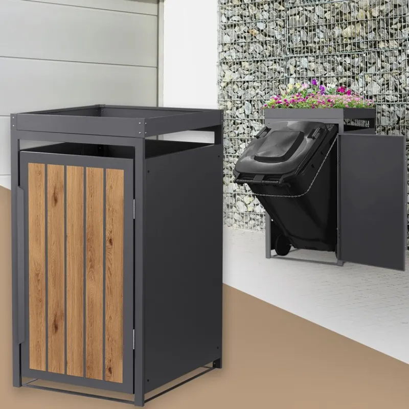 Mülltonnenbox mit Pflanzdach 1er bis 240 Liter 68x80x124 cm aus Stahl in Anthrazit-Holzoptik ML-Design-ECD Germany New