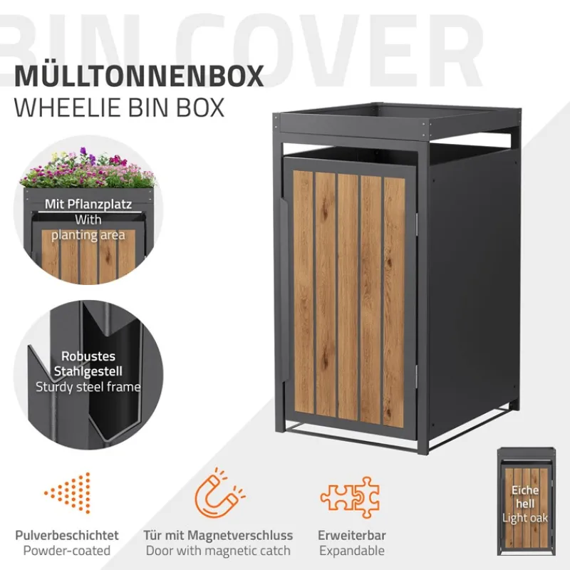 Mülltonnenbox mit Pflanzdach 1er bis 240 Liter 68x80x124 cm aus Stahl in Anthrazit-Holzoptik ML-Design-ECD Germany New