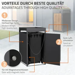 Mülltonnenbox mit Pflanzdach 1er bis 240 Liter 68x80x124 cm aus Stahl in Anthrazit-Holzoptik ML-Design-ECD Germany New