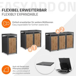 Mülltonnenbox mit Pflanzdach 1er bis 240 Liter 68x80x124 cm aus Stahl in Anthrazit-Holzoptik ML-Design-ECD Germany New