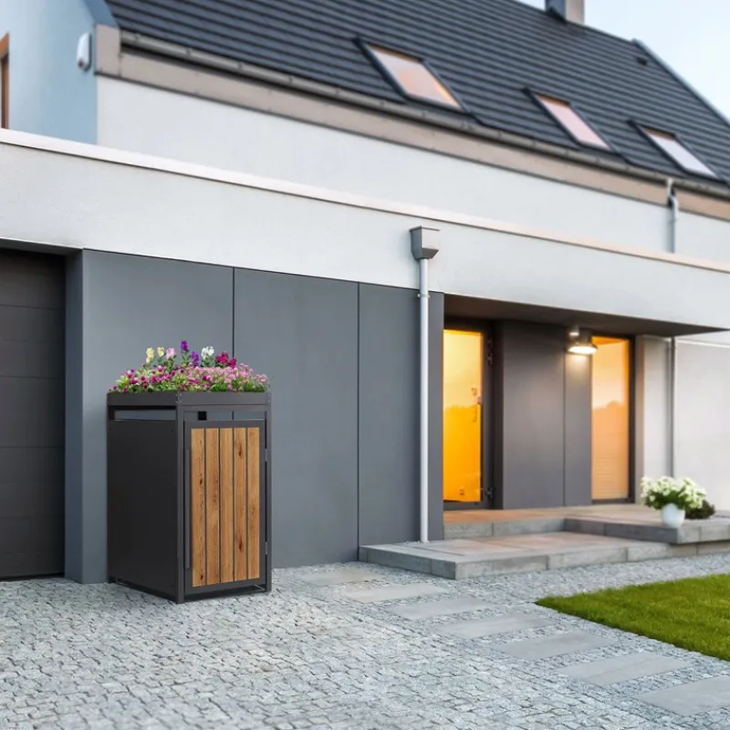 Mülltonnenbox mit Pflanzdach 1er bis 240 Liter 68x80x124 cm aus Stahl in Anthrazit-Holzoptik ML-Design-ECD Germany New