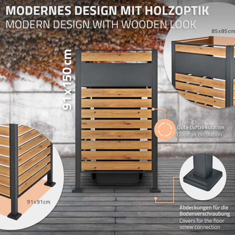 Mülltonnenzaun 91x91x150 cm Anthrazit/Holzoptik aus Stahl ML-Design-ECD Germany Best