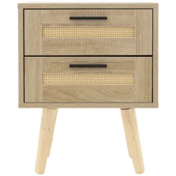Nachttisch 2er Set 40x50,5x30 cm Eiche-Optik Beistelltisch mit 2 Schubladen und Rattanfront & Massivholzfüßen ML-Design-ECD Germany Best