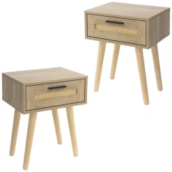 Nachttisch 2er Set 40x50,5x30 cm Eiche-Optik Beistelltisch mit Rattanfront & Massivholzfüßen ML-Design-ECD Germany Clearance