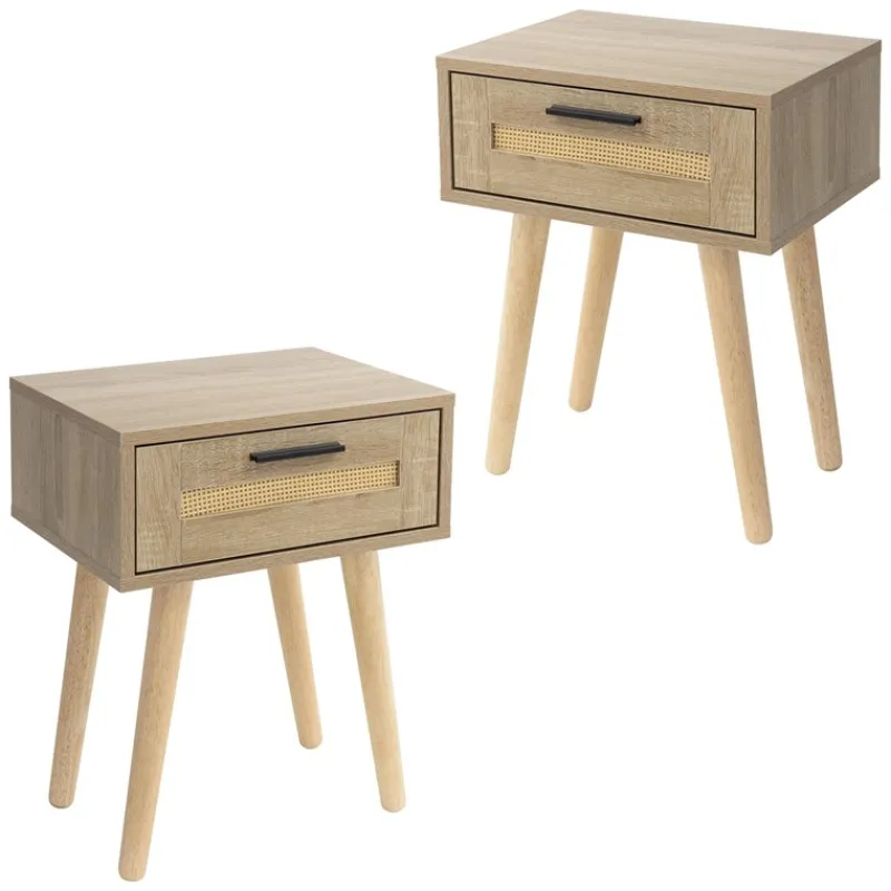 Nachttisch 2er Set 40x50,5x30 cm Eiche-Optik Beistelltisch mit Rattanfront & Massivholzfüßen ML-Design-ECD Germany Clearance