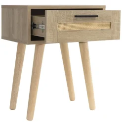 Nachttisch 2er Set 40x50,5x30 cm Eiche-Optik Beistelltisch mit Rattanfront & Massivholzfüßen ML-Design-ECD Germany Clearance