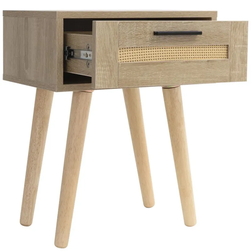 Nachttisch 2er Set 40x50,5x30 cm Eiche-Optik Beistelltisch mit Rattanfront & Massivholzfüßen ML-Design-ECD Germany Clearance