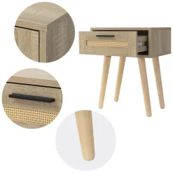 Nachttisch 2er Set 40x50,5x30 cm Eiche-Optik Beistelltisch mit Rattanfront & Massivholzfüßen ML-Design-ECD Germany Clearance