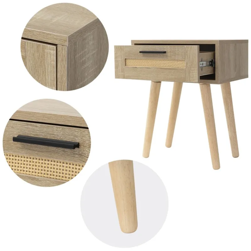 Nachttisch 2er Set 40x50,5x30 cm Eiche-Optik Beistelltisch mit Rattanfront & Massivholzfüßen ML-Design-ECD Germany Clearance