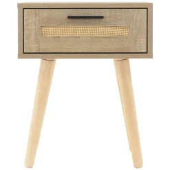 Nachttisch 40x50,5x30 cm Eiche-Optik Beistelltisch mit Rattanfront & Massivholzfüßen ML-Design-ECD Germany Outlet