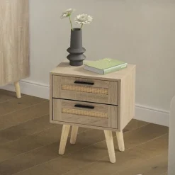 Nachttisch 40x50,5x30 cm Eiche-Optik Beistelltisch mit 2 Schubladen und Rattanfront & Massivholzfüßen ML-Design-ECD Germany