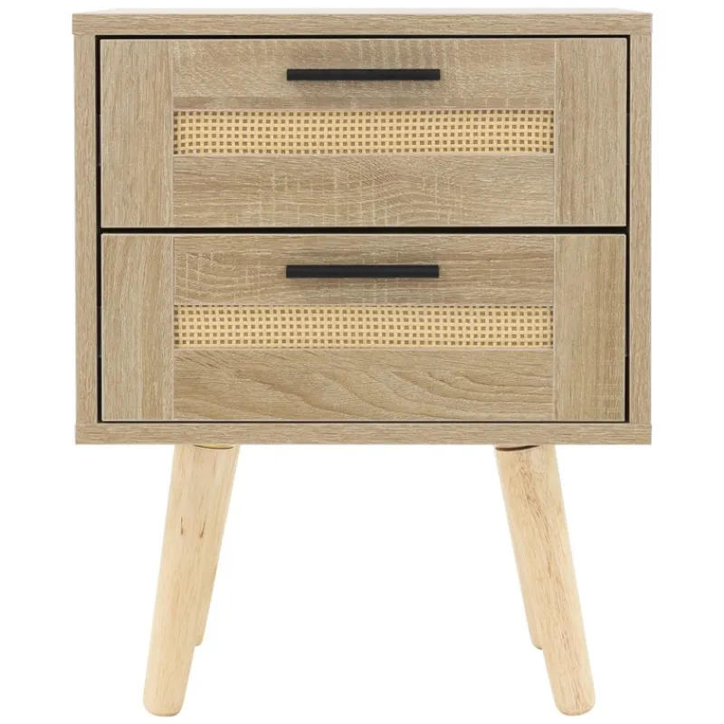 Nachttisch 40x50,5x30 cm Eiche-Optik Beistelltisch mit 2 Schubladen und Rattanfront & Massivholzfüßen ML-Design-ECD Germany