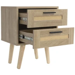 Nachttisch 40x50,5x30 cm Eiche-Optik Beistelltisch mit 2 Schubladen und Rattanfront & Massivholzfüßen ML-Design-ECD Germany
