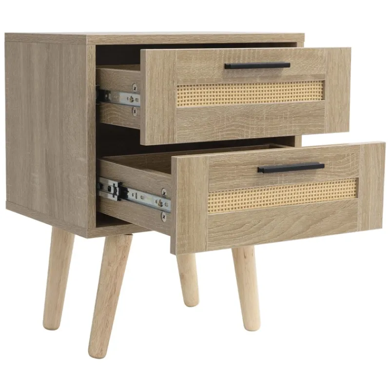 Nachttisch 40x50,5x30 cm Eiche-Optik Beistelltisch mit 2 Schubladen und Rattanfront & Massivholzfüßen ML-Design-ECD Germany