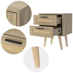 Nachttisch 40x50,5x30 cm Eiche-Optik Beistelltisch mit 2 Schubladen und Rattanfront & Massivholzfüßen ML-Design-ECD Germany